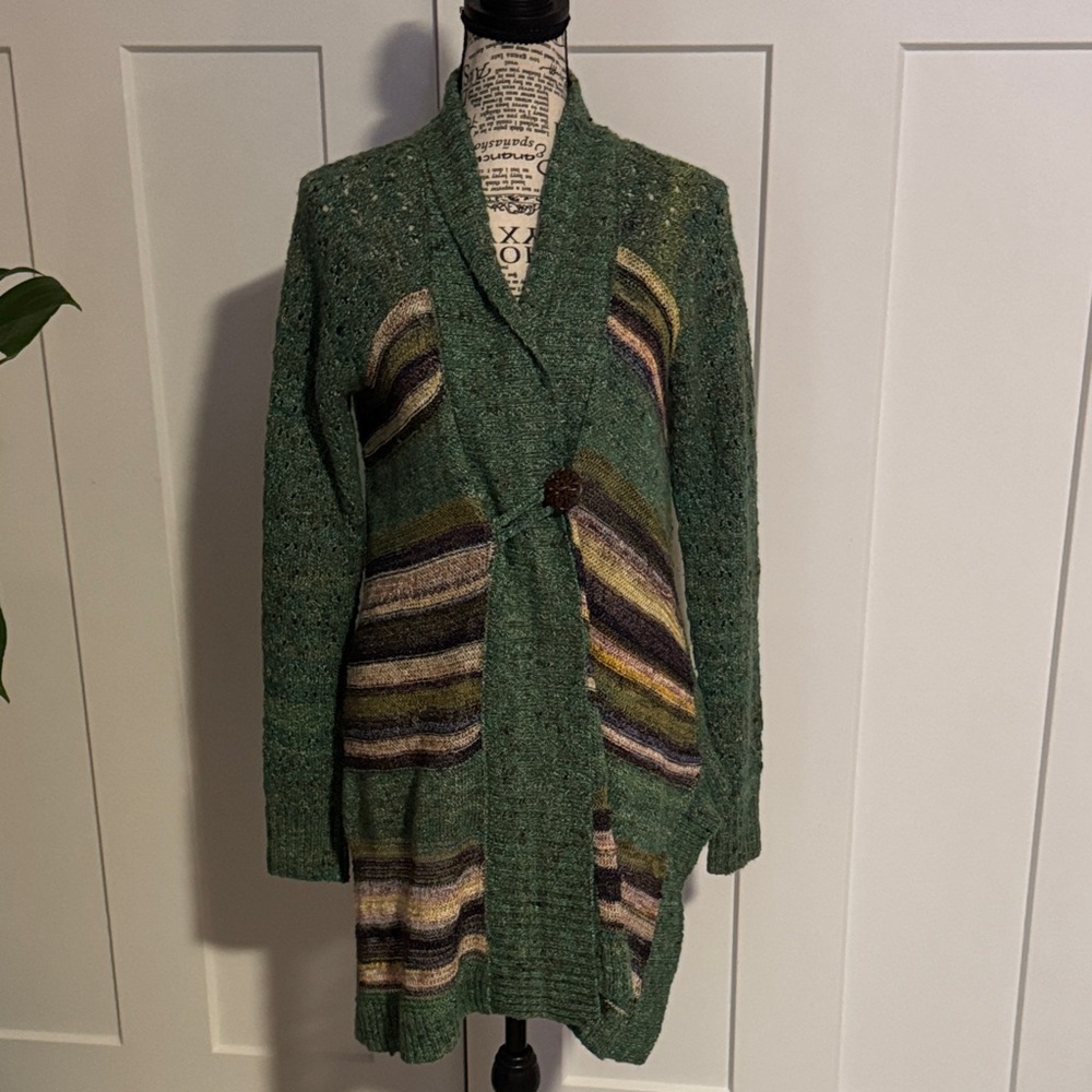 BKE Forest Green Cardigan with Striped Accents